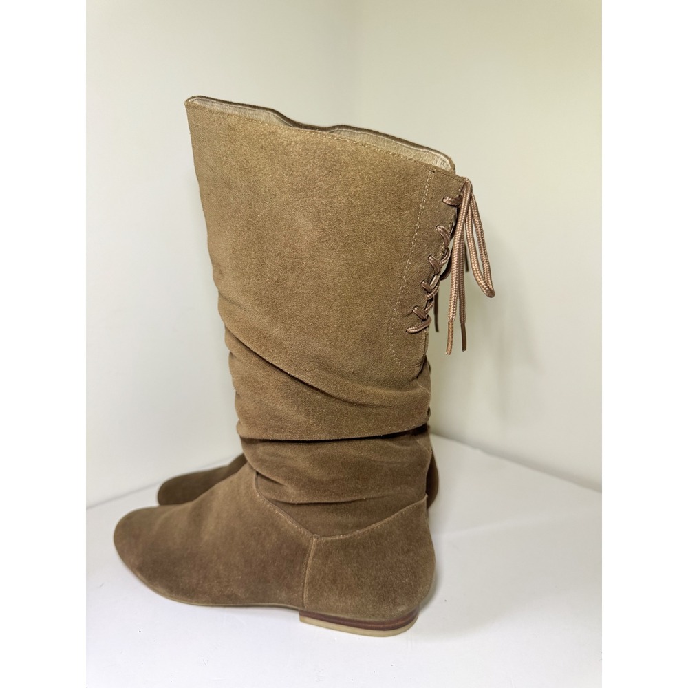 Boho Cottagcore Brown Suede Slouchy Lace Back Flat Boots Womens 7 Very Volatile